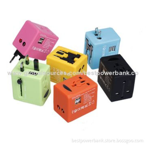 Colorful 2-USB Port International Universal Travel Adapters for Mobile Phone/Tablet, CE/RoHS/FCC/SGS
